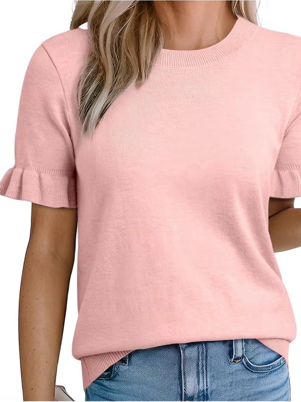 Pink Ruffle Sleeve Knit Sweater Top Crew Neck Soft Casual NWT